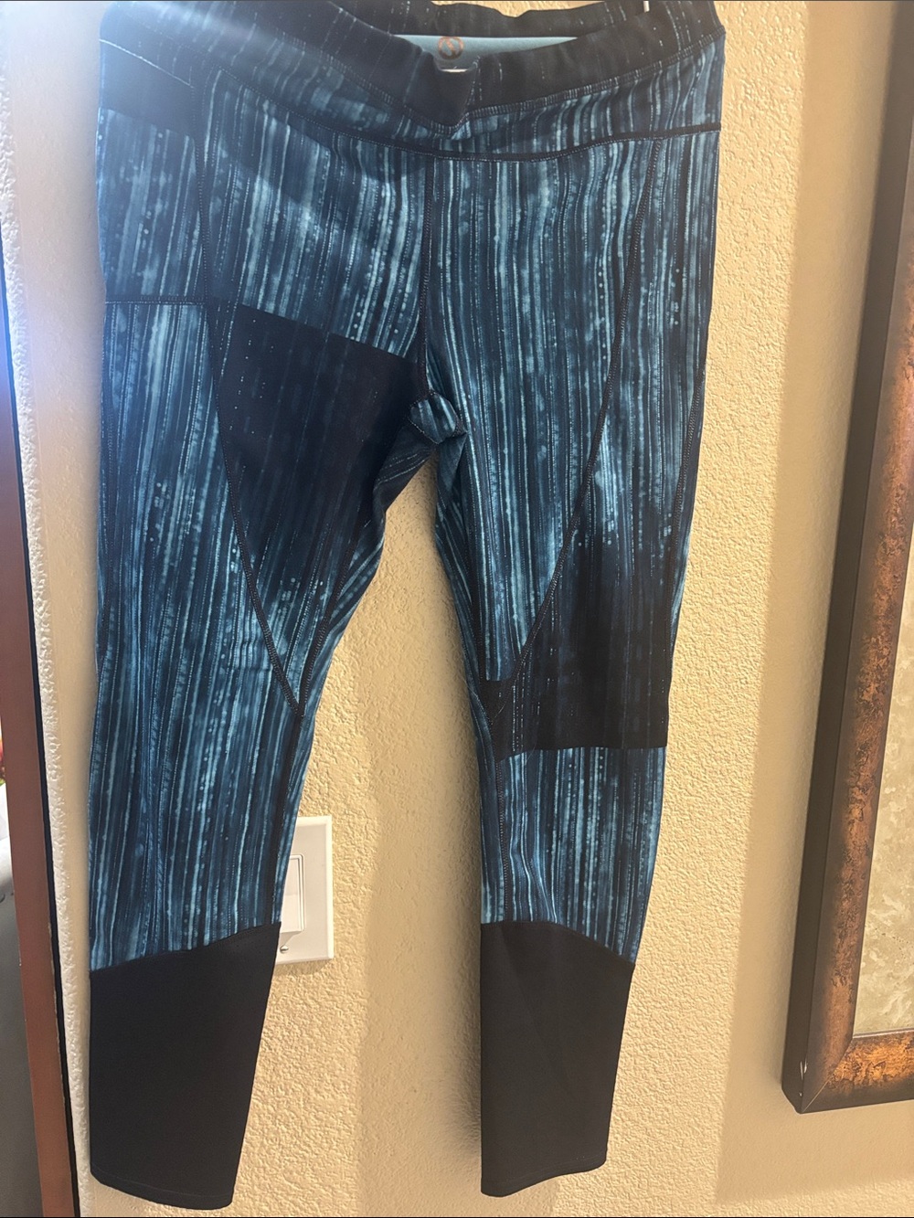Blue Striped Athletic Leggings with Black Panels